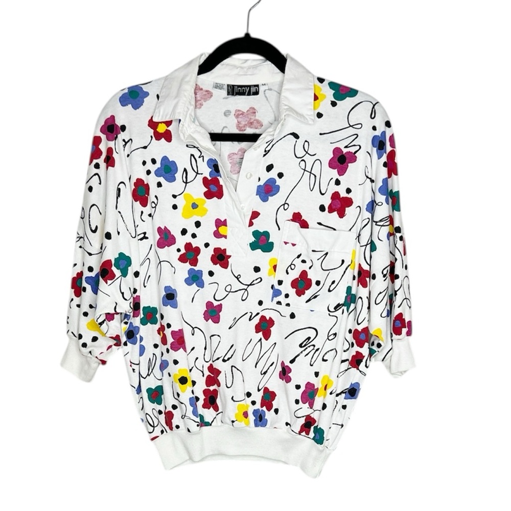 Vintage Jinny Jin Whimsical Bold Flower Squiggle Print Collared Shirts size M